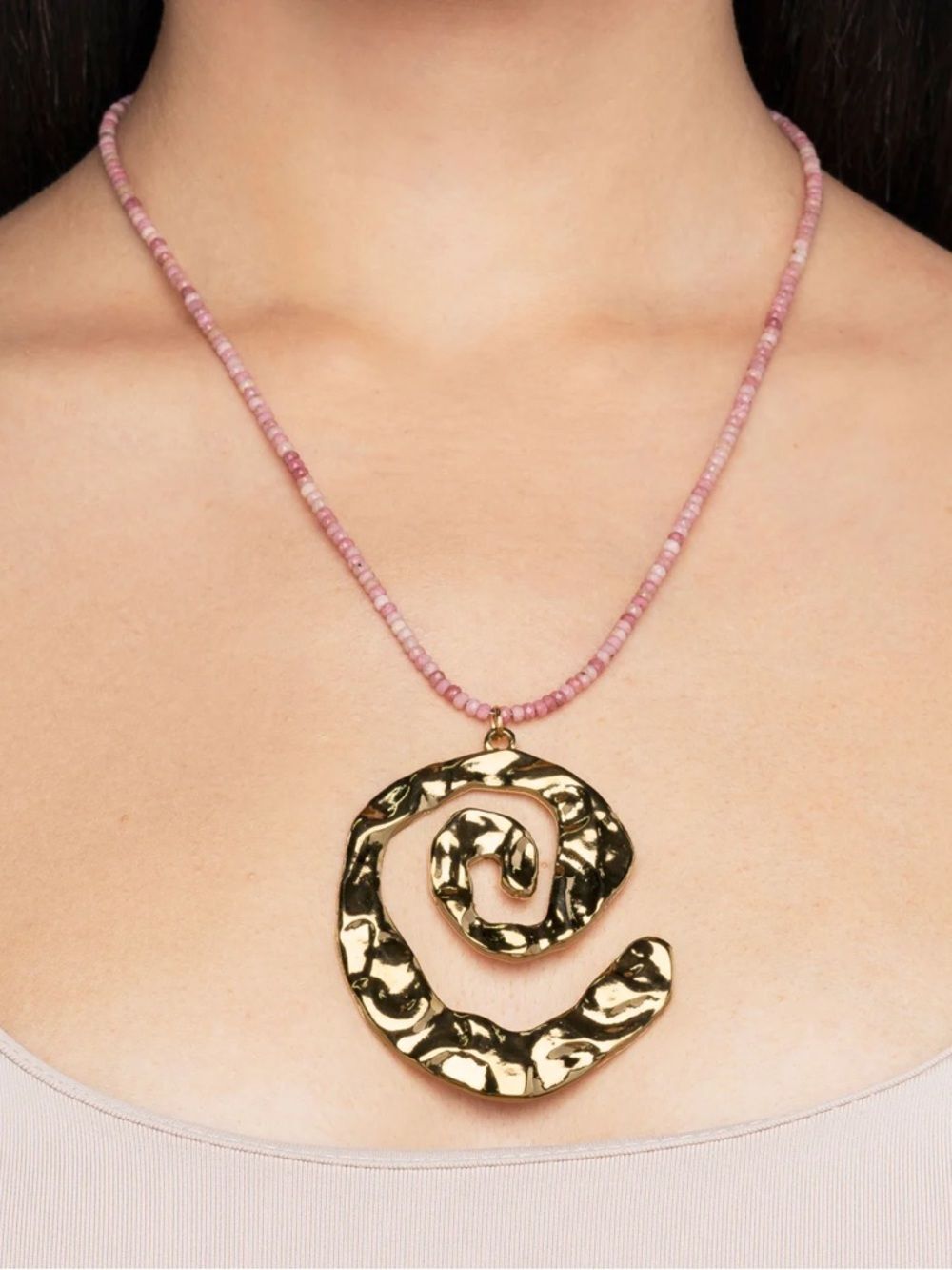 Gold Spiral Pendant Necklace with Pink Beaded Chain - Women’s Fashion Jewelry - Picture 2 of 4